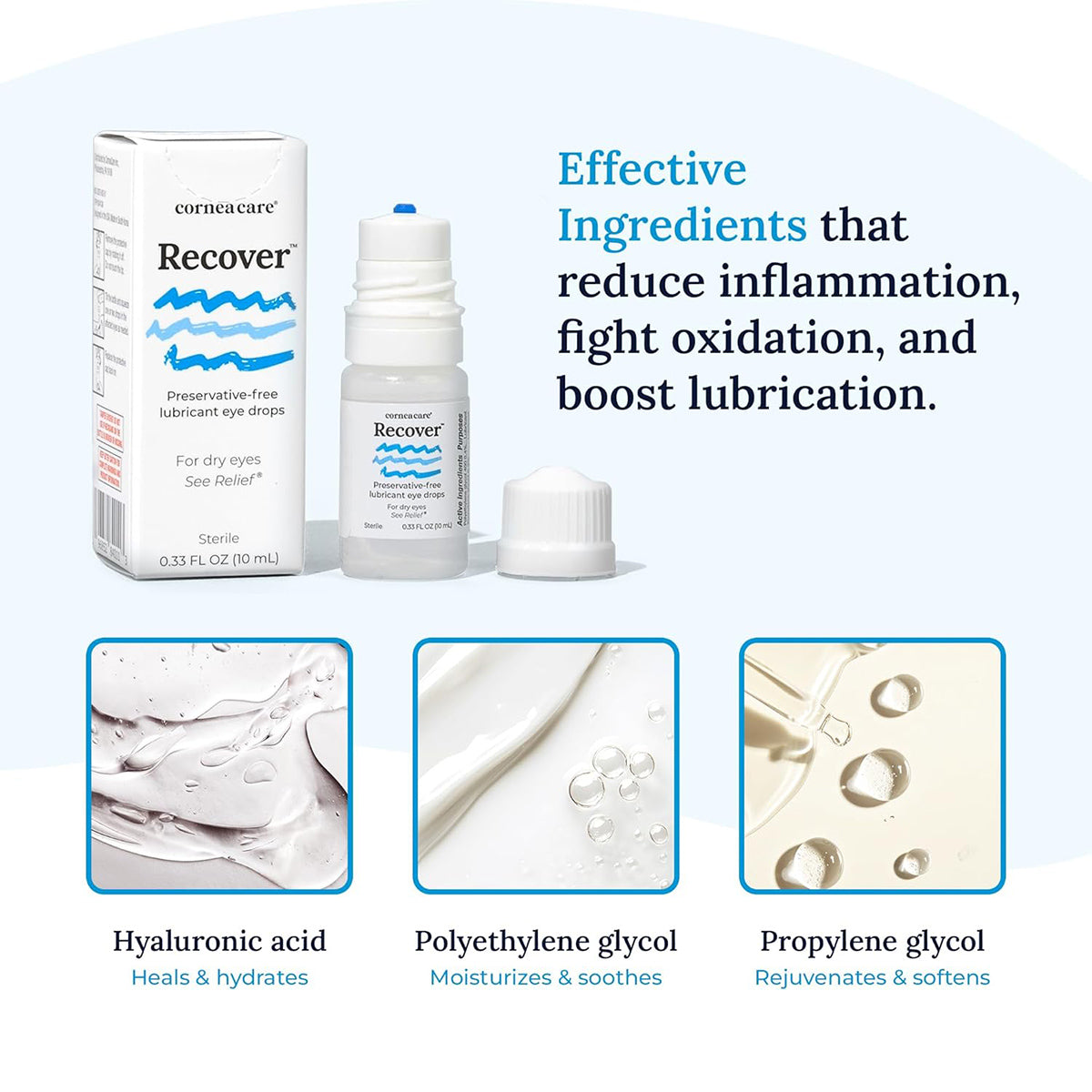 Image displaying CorneaCare Recover, a preservative-free artificial tear for dry eyes, includes a 10mL bottle, box, and details on ingredients such as hyaluronic acid and glycol compounds that offer advanced hydration and soothing relief for eye health.