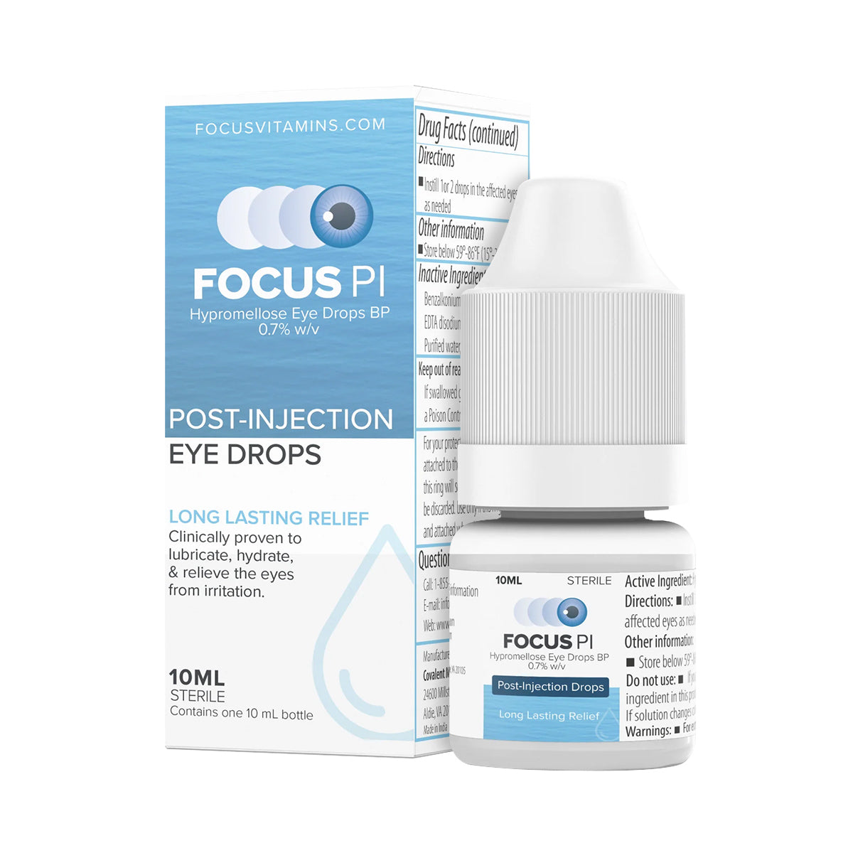 The image displays a white and blue Focus PI Eye Drops box and a small 10ml bottle, highlighting Long Lasting Hydration from Focus Vitamins. Featuring a teardrop graphic, these hypromellose-based lubricating drops provide effective dry eye relief.