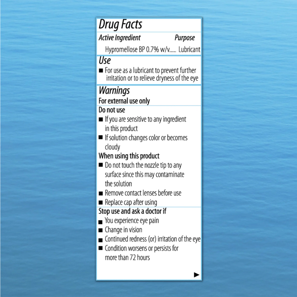 Focus PI Eye Drops, by Focus Vitamins, offers a 0.7% hypromellose formula for dry eye relief with usage warnings on sensitivity, advises against touching the nozzle, provides contact lens guidance, and instructs when to seek medical help for symptoms like eye pain or redness.