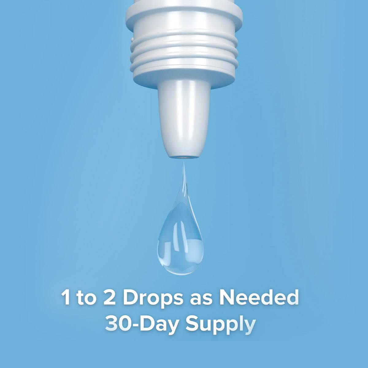 Close-up of Focus PI Eye Drops (10ml Bottle) by Focus Vitamins releasing a single drop against a blue background, showing the hypromellose-based formula. Text reads: 1 to 2 Drops as Needed, 30-Day Supply. Ideal for post-injection use and effective dry eye relief with lasting hydration.