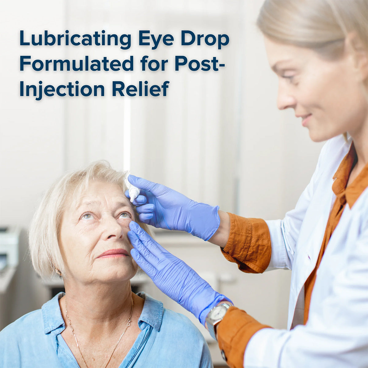 A healthcare professional wearing gloves administers Focus PI Eye Drops from Focus Vitamins to an older woman. Seated and looking up, she receives the hypromellose-based formula for enhanced relief after an injection. Text reads, Lubricating Eye Drops Formulated for Post-Injection Relief.