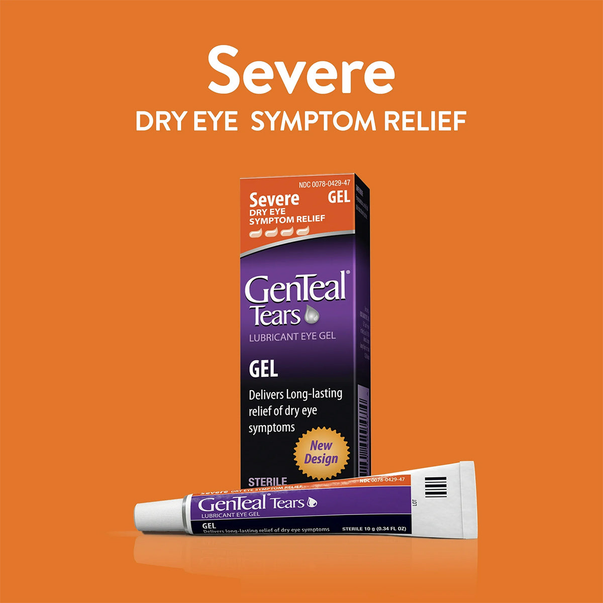 Image of Alcons new GenTeal Tears Severe Dry Eye Nighttime Gel packaging, showcasing effective dry eye relief. The box is upright with the tube in front, highlighting Severe Dry Eye Symptom Relief on an orange background.