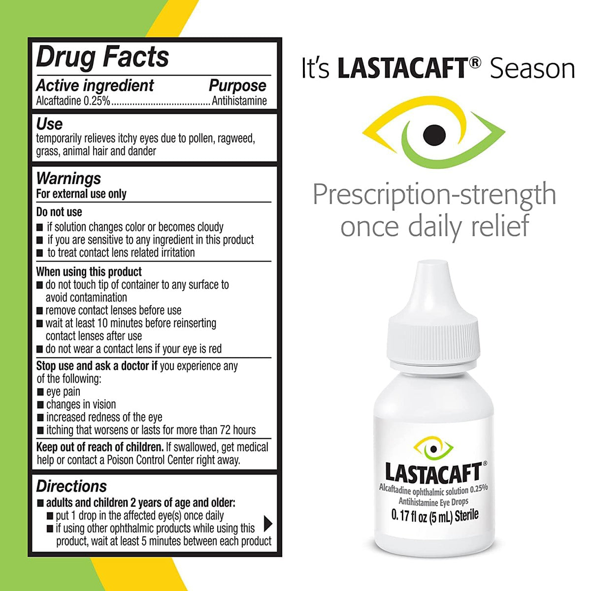 Image of Abbvies Lastacaft Once Daily Eye Allergy Itch Relief Drops (5mL 60 Day Bottle) beside its box, noted for prescription-strength, one-a-day use, and providing fast relief. Includes ingredients, warnings, directions, and a stylized eye graphic.