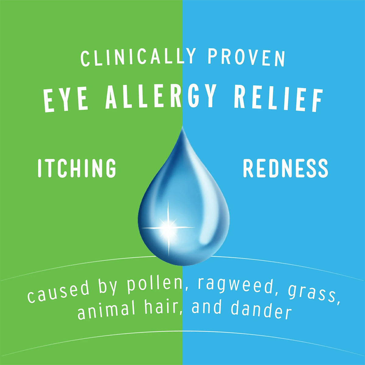 A teardrop on a green-blue split background reads: Bausch + Lomb Opcon-A Eye Drops, Clinically Proven Antihistamine for Itching Redness Relief from pollen, ragweed, grass, animal hair & dander (15mL).