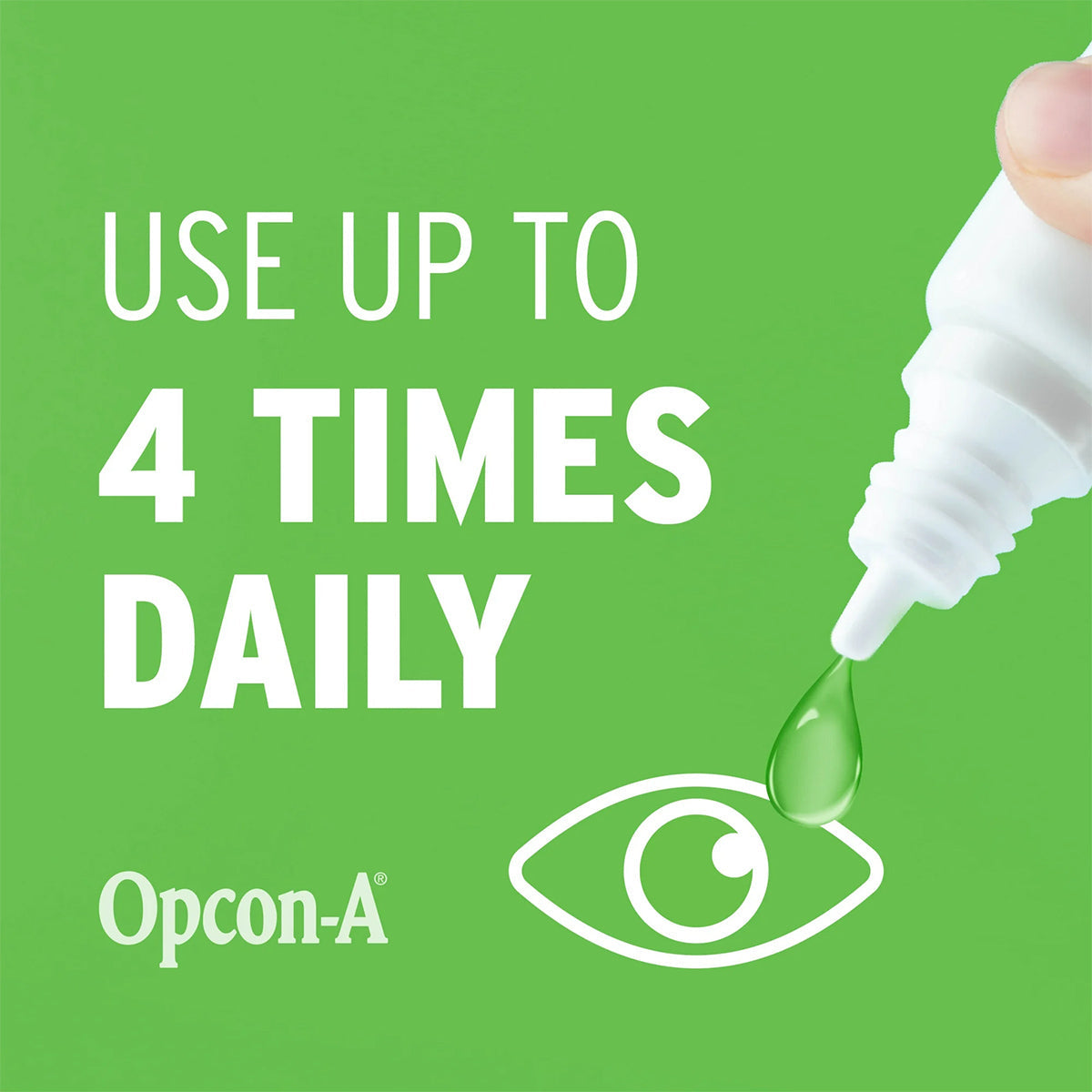 A green backdrop shows a hand holding an Antihistamine Eye Drops bottle, ready to drop toward a white outlined eye. Text states, Use up to 4 times daily for eye allergies. At the bottom, the Bausch + Lomb logo is displayed for Opcon-A Eye Drops (15mL) Allergy Relief.
