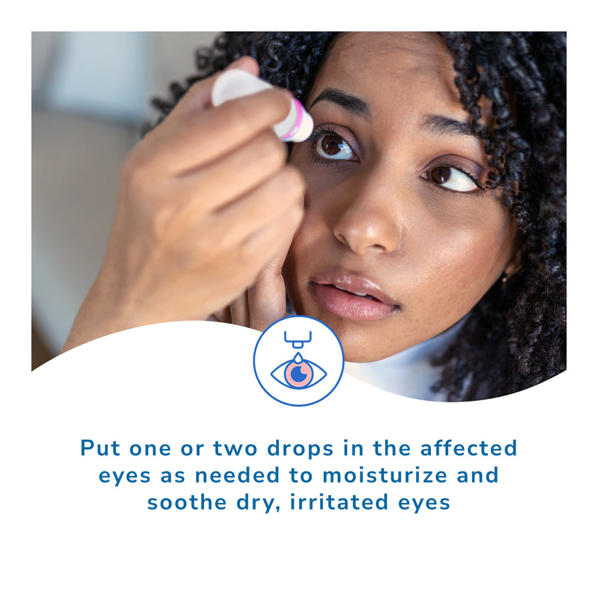 A person with curly hair applies eyedrops to one eye, concentrating intently. Text reads: Optase MGD Advanced Eye Drops soothe dry, irritated eyes. Use 1-2 drops as needed for Meibomian Gland Dysfunction relief with a lipid-based formula.