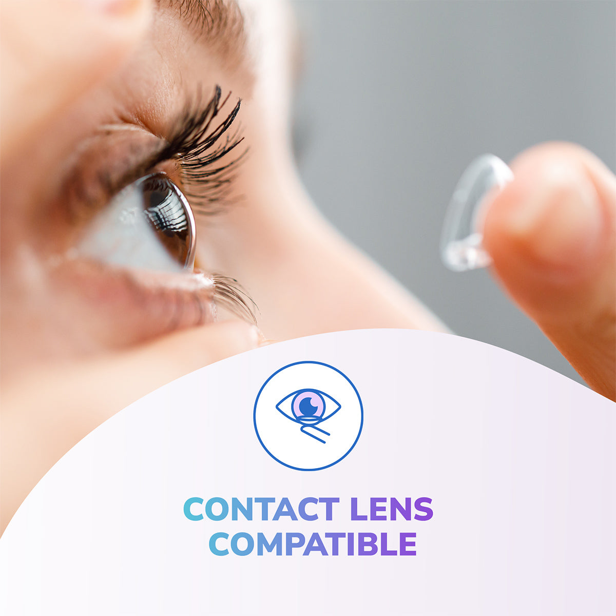 A person holds a contact lens near their eye. Below, an icon with Contact Lens Compatible in blue and purple highlights the glycerin-based Optase Intense Preservative Free Eye Drops (10mL) for dry eye relief.