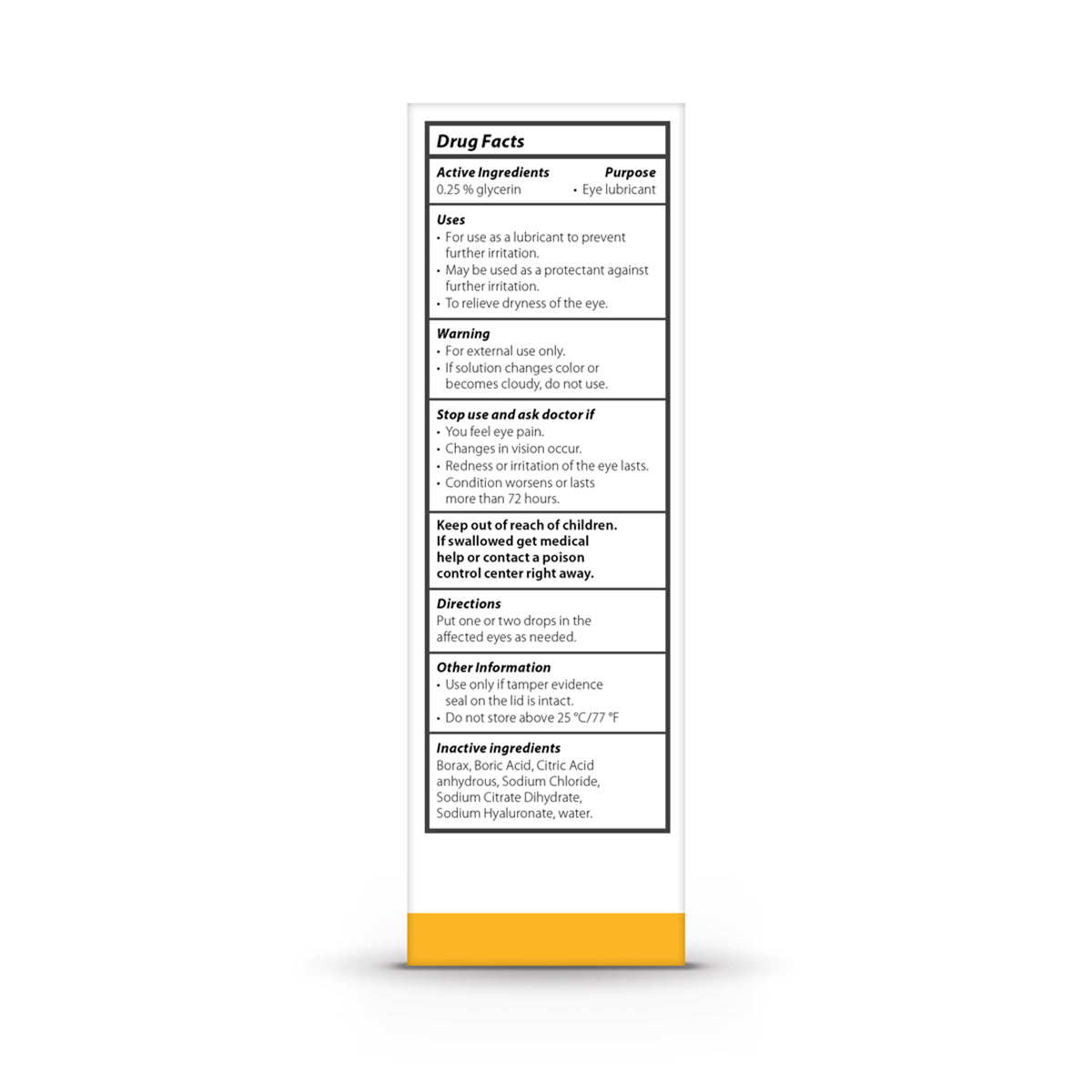 Image of the Optase Hylo Relief box displays the Drug Facts label. Active ingredient: glycerin 0.25% as eye lubricant. Includes warnings, directions, and info in a table format to relieve dry eye disease on a white background with a yellow base.