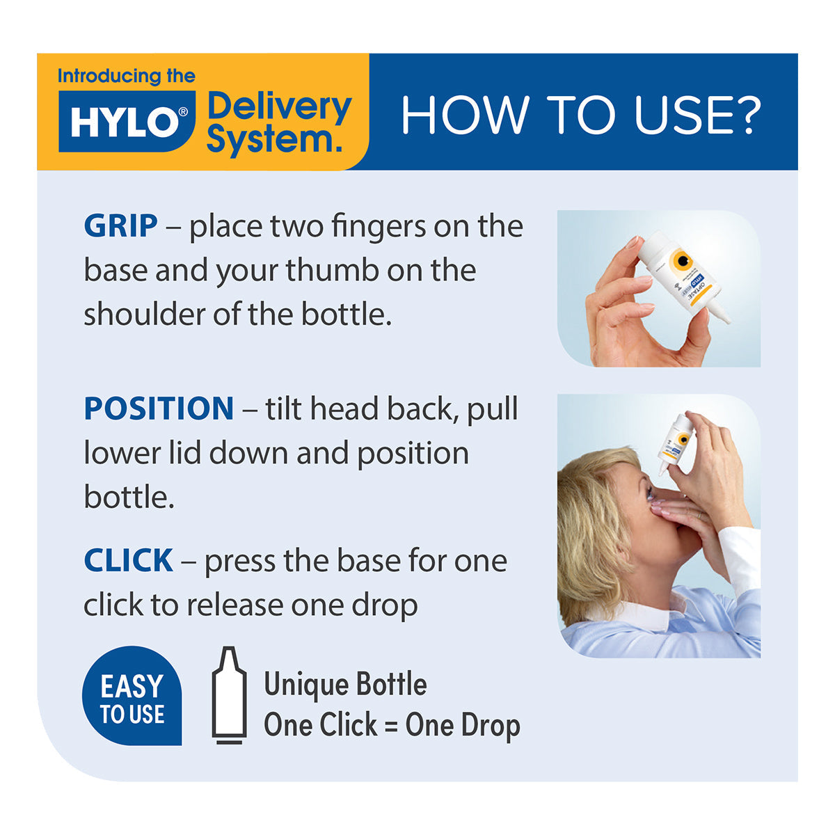 Instructional graphic for Optase Hylo Relief: 1. Hold with fingers and thumb. 2. Tilt back head, pull down lid. 3. Click to release a drop. Features: Easy to use, unique bottle design; one click equals one drop—perfect for dry eye management (300 drops per bottle).