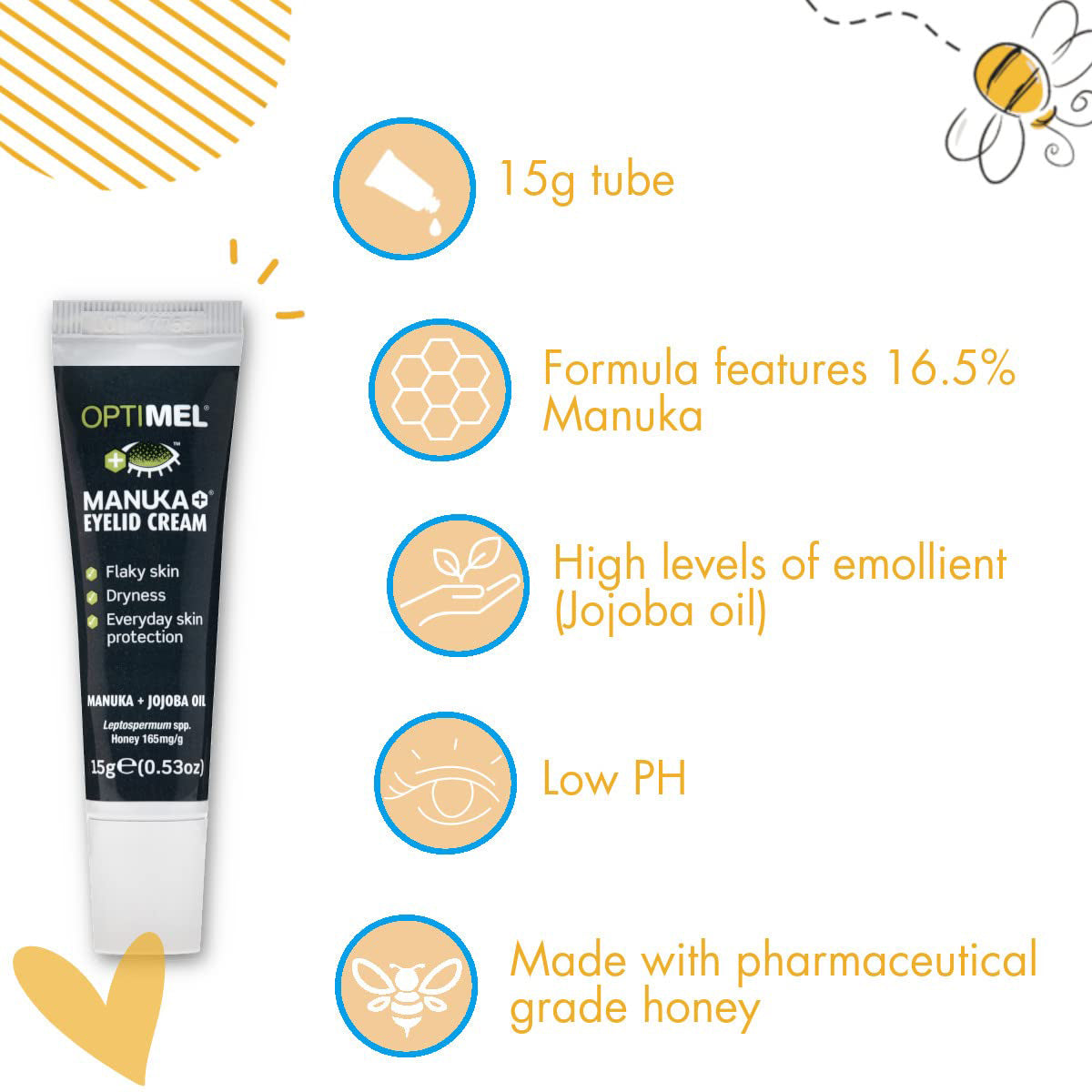 Image of Melcares Optimel Manuka Eyelid Cream packaging. This 15g tube contains 16.5% pharmaceutical-grade Manuka honey, enriched with jojoba oil emollients, and features a low pH suitable for sensitive skin, with detailed text and illustrations.