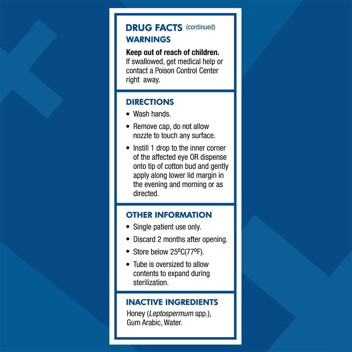 The image features the Melcare Optimel Manuka Eye Drops (0.2%, 0.34 oz) label on a blue geometric background, detailing warnings, directions for dry eye relief use, single patient use info, storage instructions, and inactive ingredients like honey and gum arabic to aid meibomian gland dysfunction.