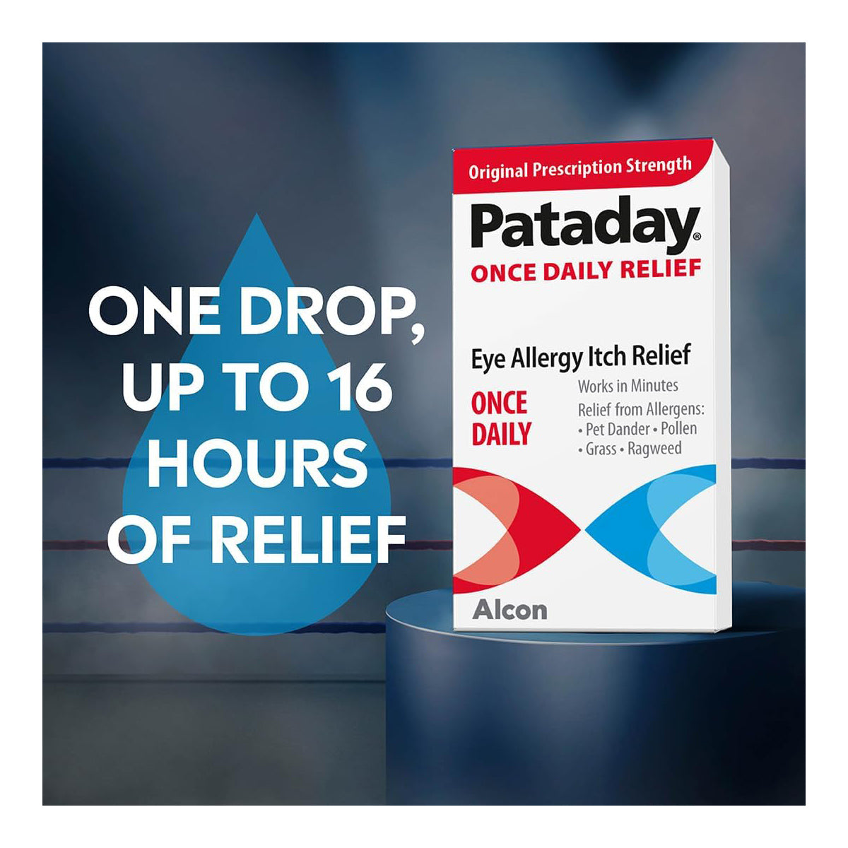 Image of Alcons Pataday Once Daily Relief Eye Drops package with Olopatadine Hydrochloride on a blurred backdrop. Text: ONE DROP, UP TO 16 HOURS OF RELIEF. Highlighted box notes relief from pet dander, pollen, grass, and ragweed allergens using these antihistamine eye drops.