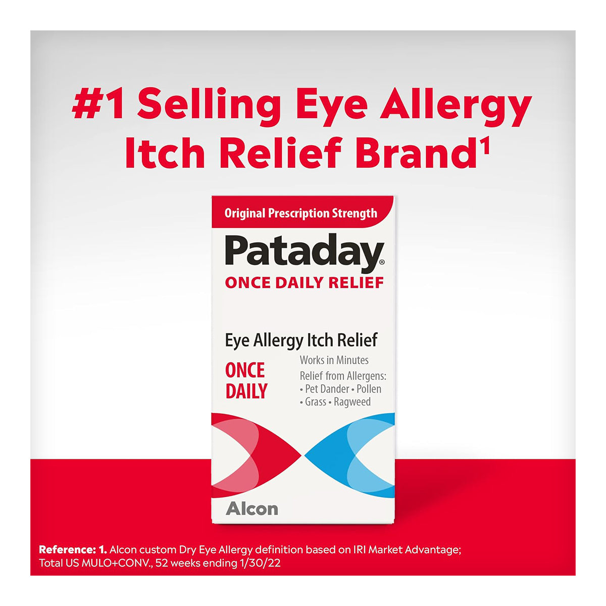 Image of a Pataday Once Daily Relief Eye Drops box by Alcon showcasing its status as the #1 Selling Eye Allergy Itch Relief Brand in red, featuring Original Prescription Strength, with Olopatadine Hydrochloride for relief from allergens such as pet dander, pollen, and grass.