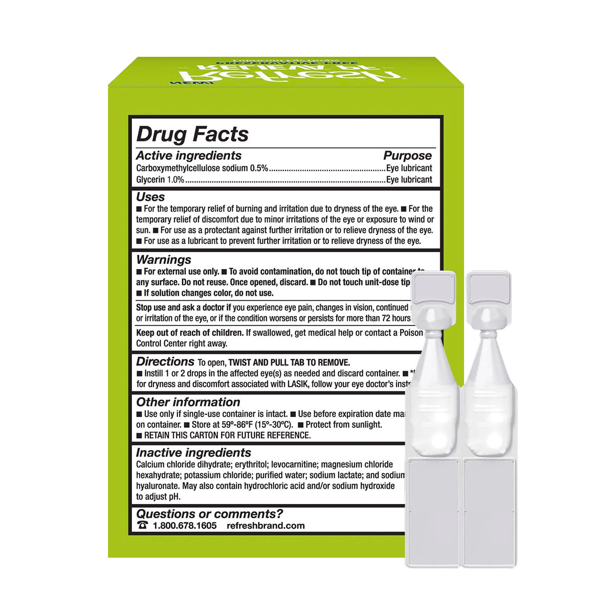 Image of a green box labeled Refresh Relieva Preservative-Free Lubricant Eye Drops by Abbvie, with drug facts, warnings, and directions on the back. Two single-use plastic vials are shown beside it for easy application.