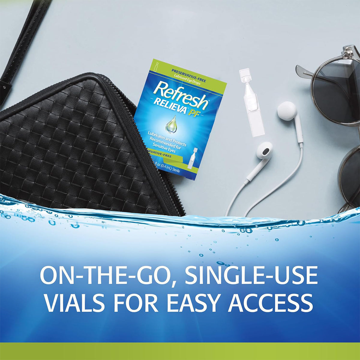 On a light gray surface are a black wallet, earphones, sunglasses, and an Abbvie Refresh Relieva Preservative-Free Lubricant Eye Drops vial. A blue wave graphic emphasizes On-the-go, preservative-free vials for easy access.