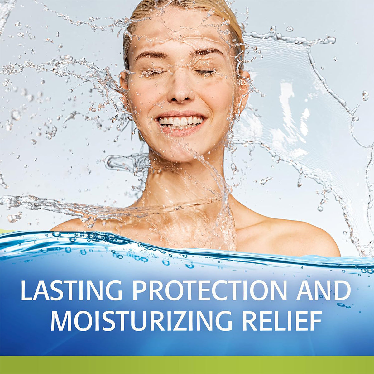 With eyes closed, a person smiles as water splashes over them. Text below reads, LASTING PROTECTION AND MOISTURIZING RELIEF on a blue and green background, emphasizing the power of Abbvies Refresh Relieva Preservative-Free Lubricant Eye Drops (30 Single-Use Vials).