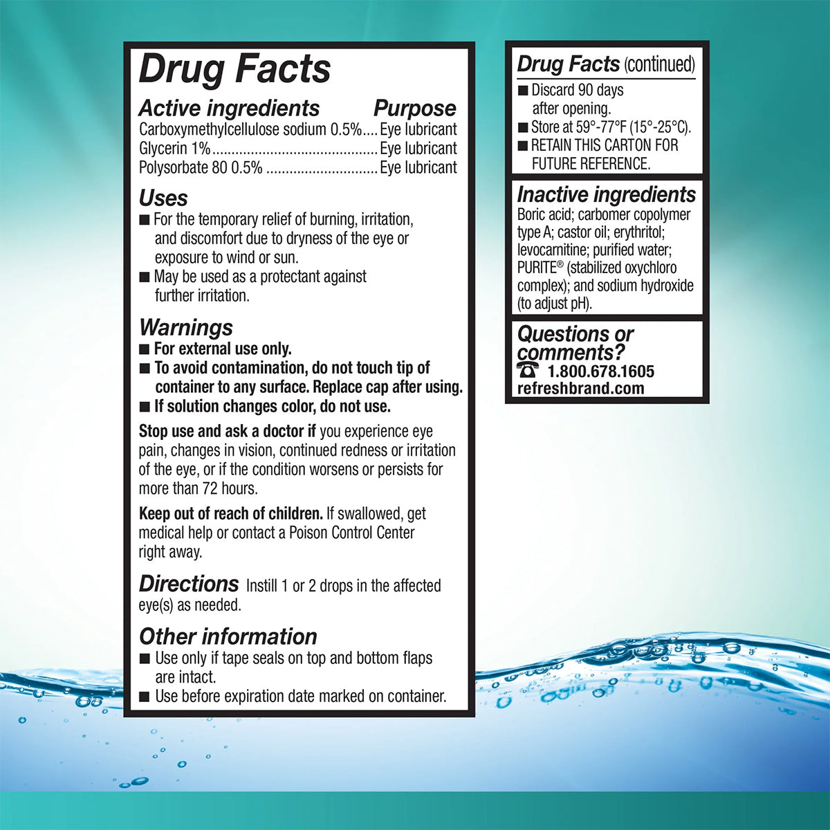 The image shows a drug facts label for REFRESH® DIGITAL Lubricant Eye Drops (10mL) by Abbvie, detailing active ingredients, uses for eye irritation and digital eye strain, warnings, usage directions, storage tips, and a customer service contact number against a watery backdrop.