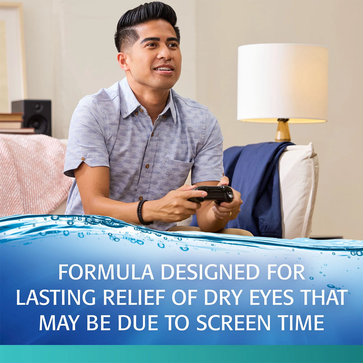 Engrossed in gaming on a couch, a person plays with a controller. The text reads: Abbvies REFRESH® DIGITAL Lubricant Eye Drops (10mL) provide fast-acting relief for dry eyes due to digital strain. Maintain tear film health during extended screen time.