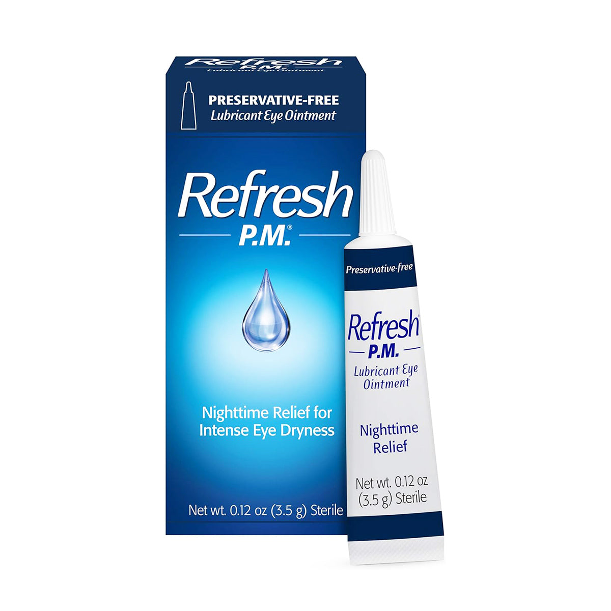 The Refresh PM Lubricant Nighttime Eye Ointment (3.5g) by Abbvie features blue and white packaging with a teardrop image, emphasizing its Preservative-Free formula. Ideal for nighttime, it’s designed to combat intense dry eyes and is presented in a small tube next to the box.