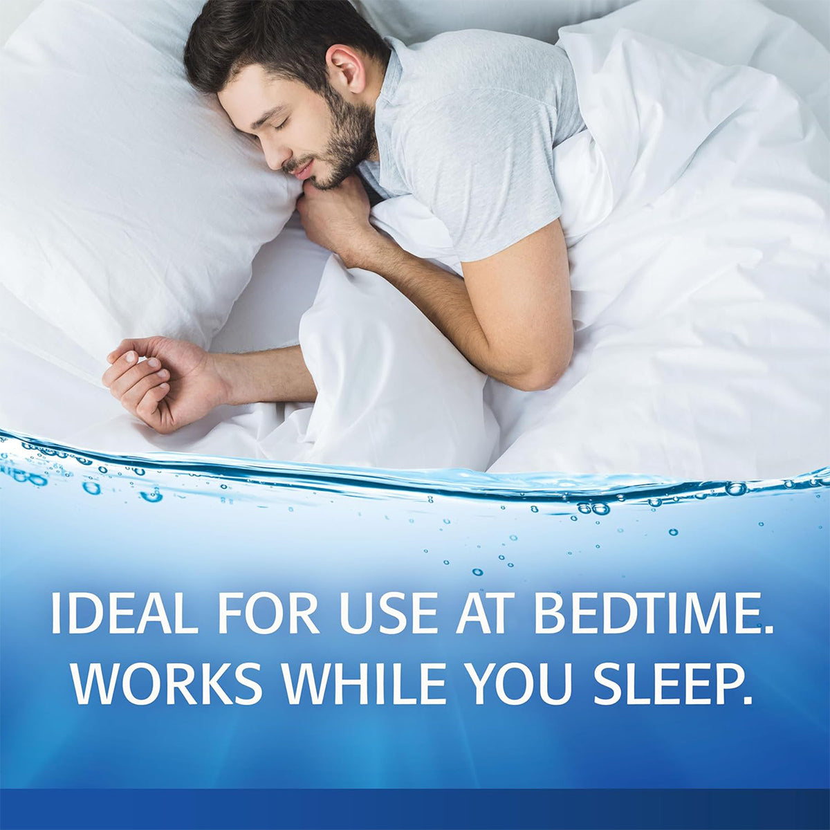 A man sleeps comfortably on white bedding, in a gray T-shirt. Below, a blue gradient displays: Refresh PM Lubricant Nighttime Eye Ointment by Abbvie—ideal for bedtime use, offering lubrication and dry eye relief while you sleep.