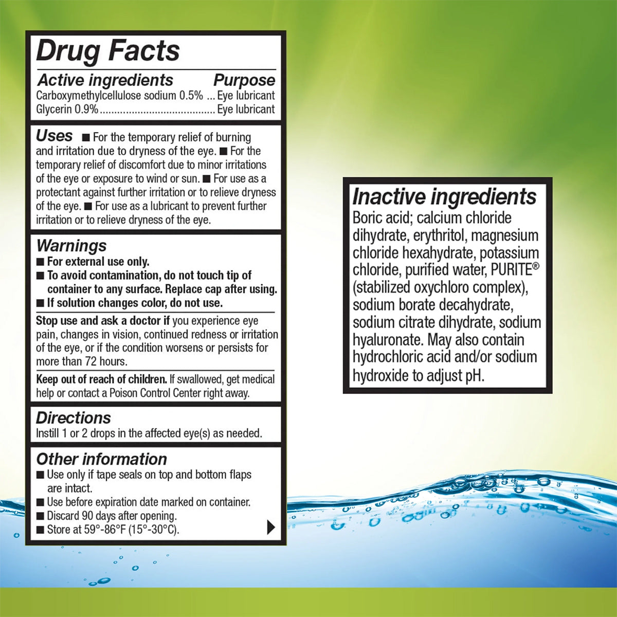 A box of Abbvies Refresh Relieva Eye Drops (10mL) displays drug facts, ingredients, usage instructions, and warnings. The background features a green-to-blue gradient with water droplets and HydroCell Technology for optimal moisturizing.