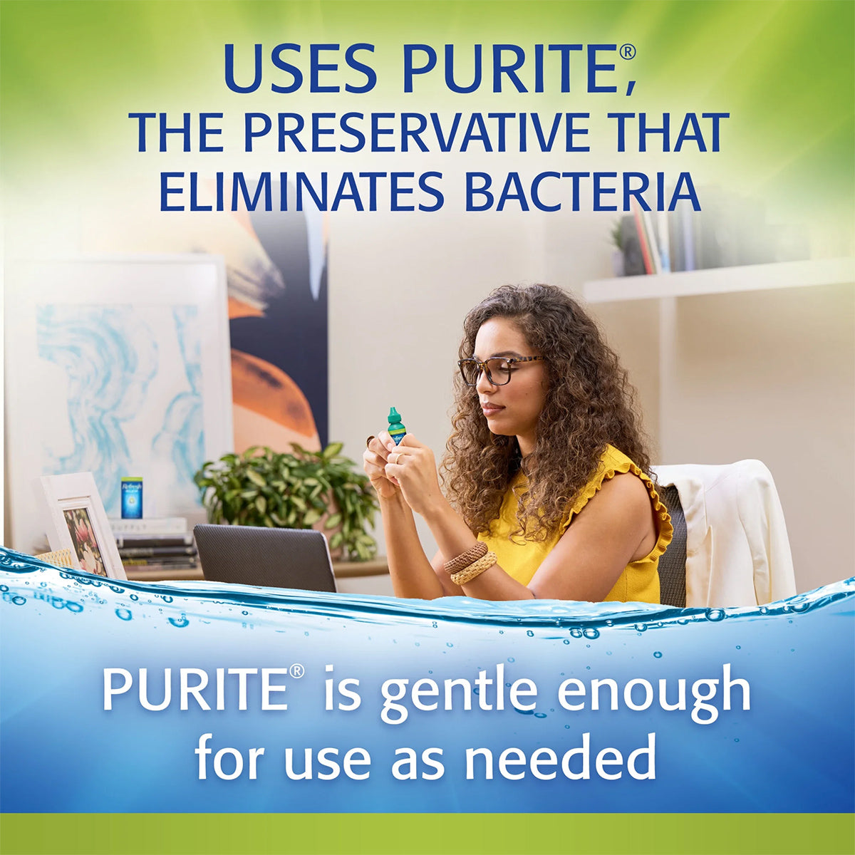 A woman with glasses at an office desk holds Refresh Relieva Eye Drops (10mL) by Abbvie. Text reads, USES PURITE TO ELIMINATE BACTERIA. Gentle enough for frequent use. Office decor, including a laptop and painting, enhances the scene, highlighting relief for dry eyes.