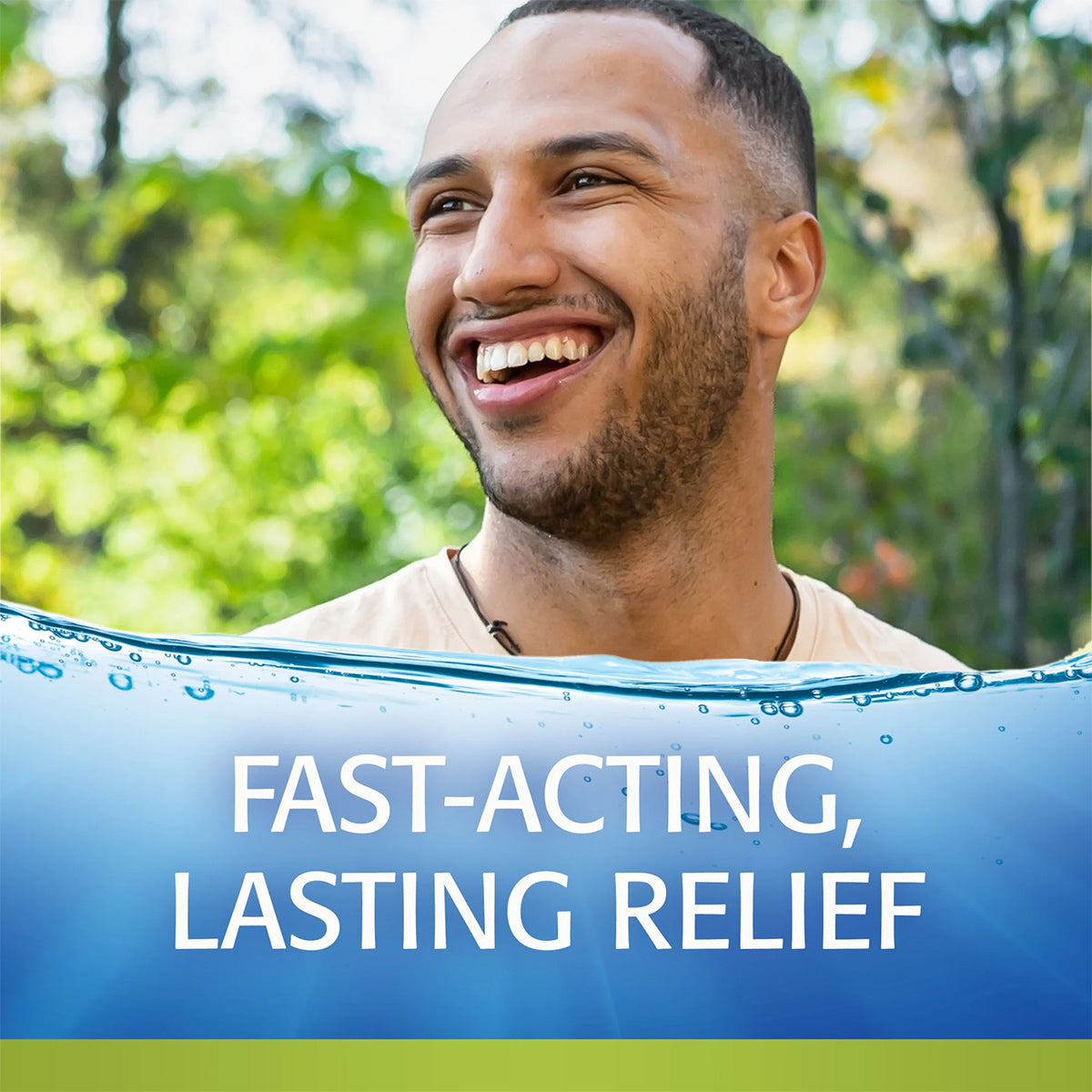 A smiling man stands outdoors against a blurred green backdrop. A blue text overlay reads, Fast-Acting, Lasting Relief, highlighting Refresh Relieva Eye Drops (10mL) by Abbvie with HydroCell Technology for effective dry eye relief, complemented by a water-themed design.