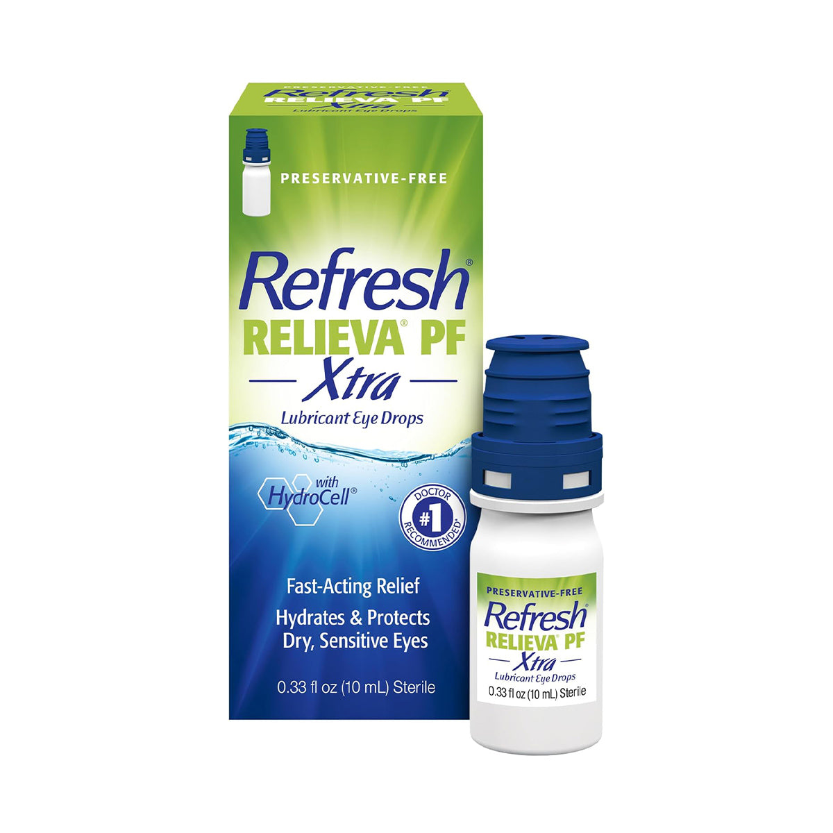 The image shows the Refresh Relieva PF Xtra – Advanced Preservative-Free Lubricant Eye Drops (10mL Bottle) by Abbvie, featuring a preservative-free formula. The packaging highlights fast-acting relief with HydroCell technology and advanced hydration using Trehalose, ideal for dry, sensitive eyes.