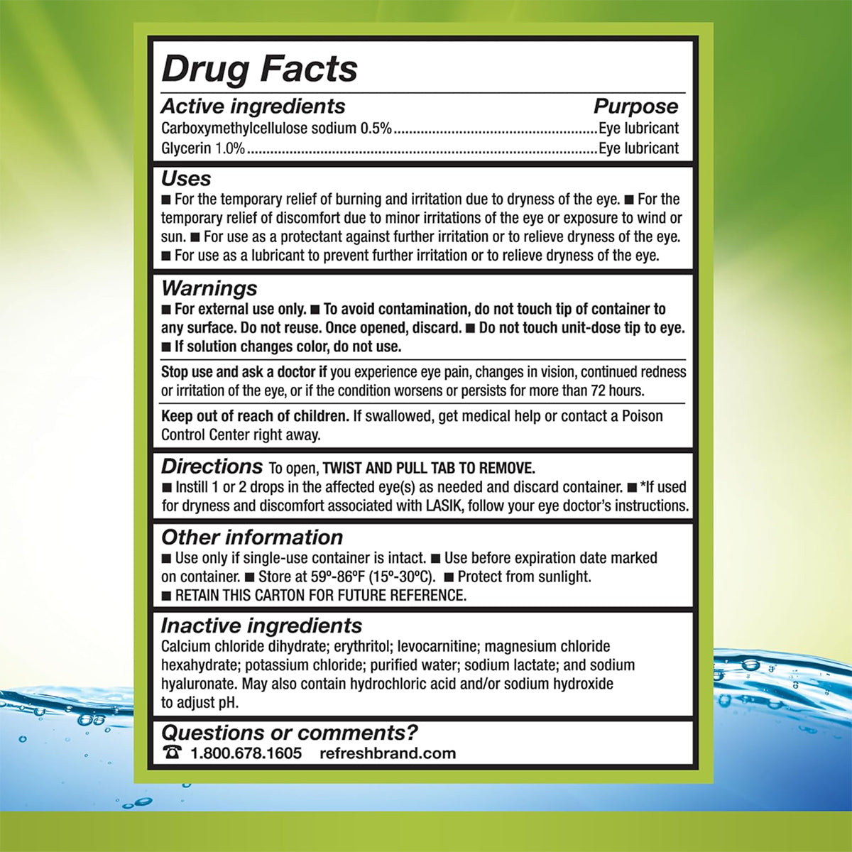 Refresh Relieva Preservative-Free Lubricant Eye Drops by Abbvie feature carboxymethylcellulose sodium and glycerin for long-lasting dry eye relief. The label includes warnings, usage directions, storage instructions, inactive ingredients, and contact information.