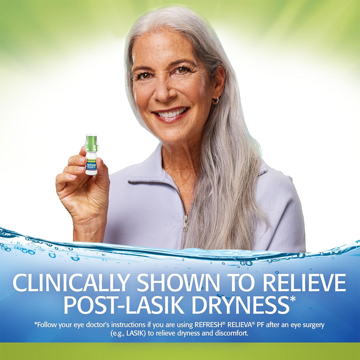 A smiling woman with long gray hair holds a small bottle of Refresh Relieva Preservative-Free Lubricant Eye Drops. Text reads Clinically shown to relieve post-LASIK dryness with long-lasting hydration. Blue water-themed border at the bottom; Product by Abbvie.