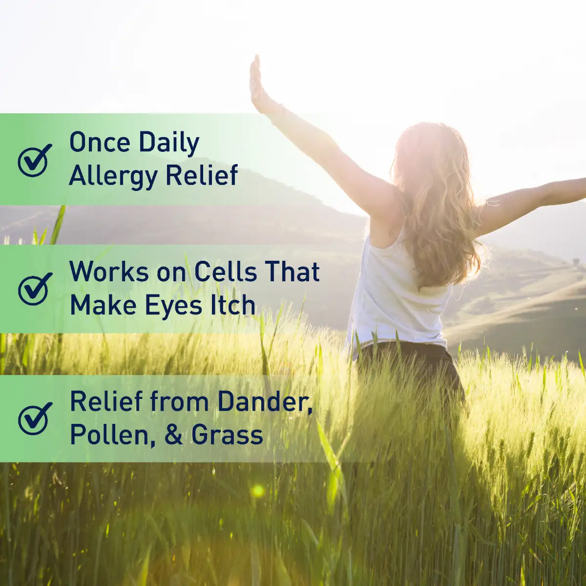A person stands in a sunlit field with arms outstretched. Text overlays read: Ocusoft Retaine Allergy Once Daily for Eye Itch Relief (2.5mL), Works on Cells That Make Eyes Itch, and Relief from Dander, Pollen, & Grass. Discover the power of OCuSOFT for soothing itchy eyes relief.