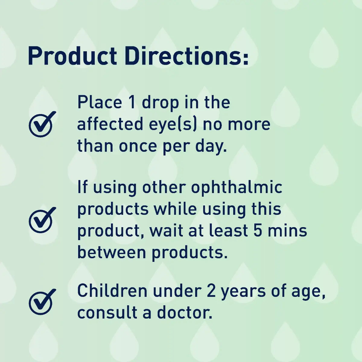 Instructional image with text on Ocusoft Retaine Allergy Once Daily for Eye Itch Relief (2.5mL): Place 1 drop in affected eye(s) once daily for itch relief. Tips: wait 5 minutes between different eye products, consult a doctor for children under 2. Background features water droplet pattern. Brand: OCuSOFT.