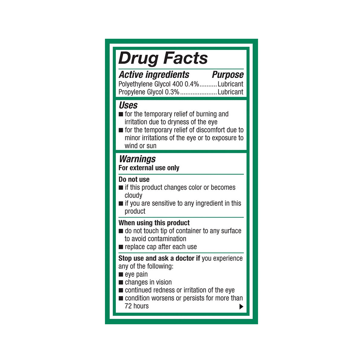 The Drug Facts label for Systane Ultra High Performance Lubricant Eye Drops (10mL, Alcon brand) details active lubricants Polyethylene Glycol 400 (0.4%) and Propylene Glycol (0.3%), outlining its use for dry eye relief, alongside warnings and advice on when to consult a doctor.