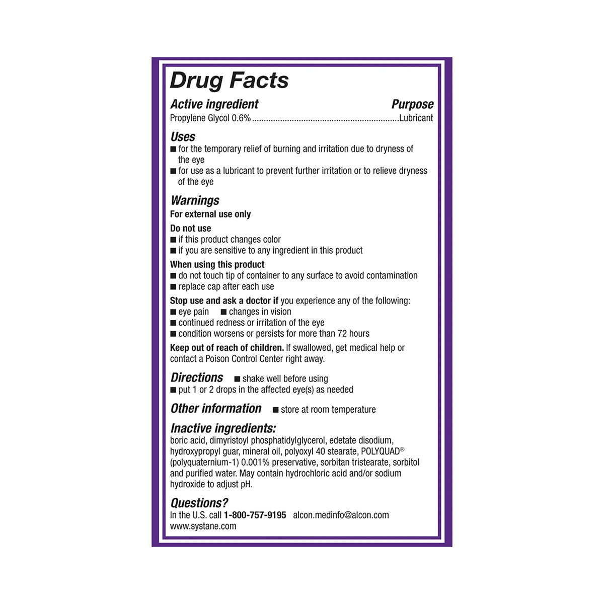 The Drug Facts label for Systane Balance 2-Pack Lubricant Eye Drops includes details on its 0.6% Polyethylene Glycol formula, uses, warnings, directions, inactive ingredients, tear evaporation protection, and Alcons contact info for dry eye relief.