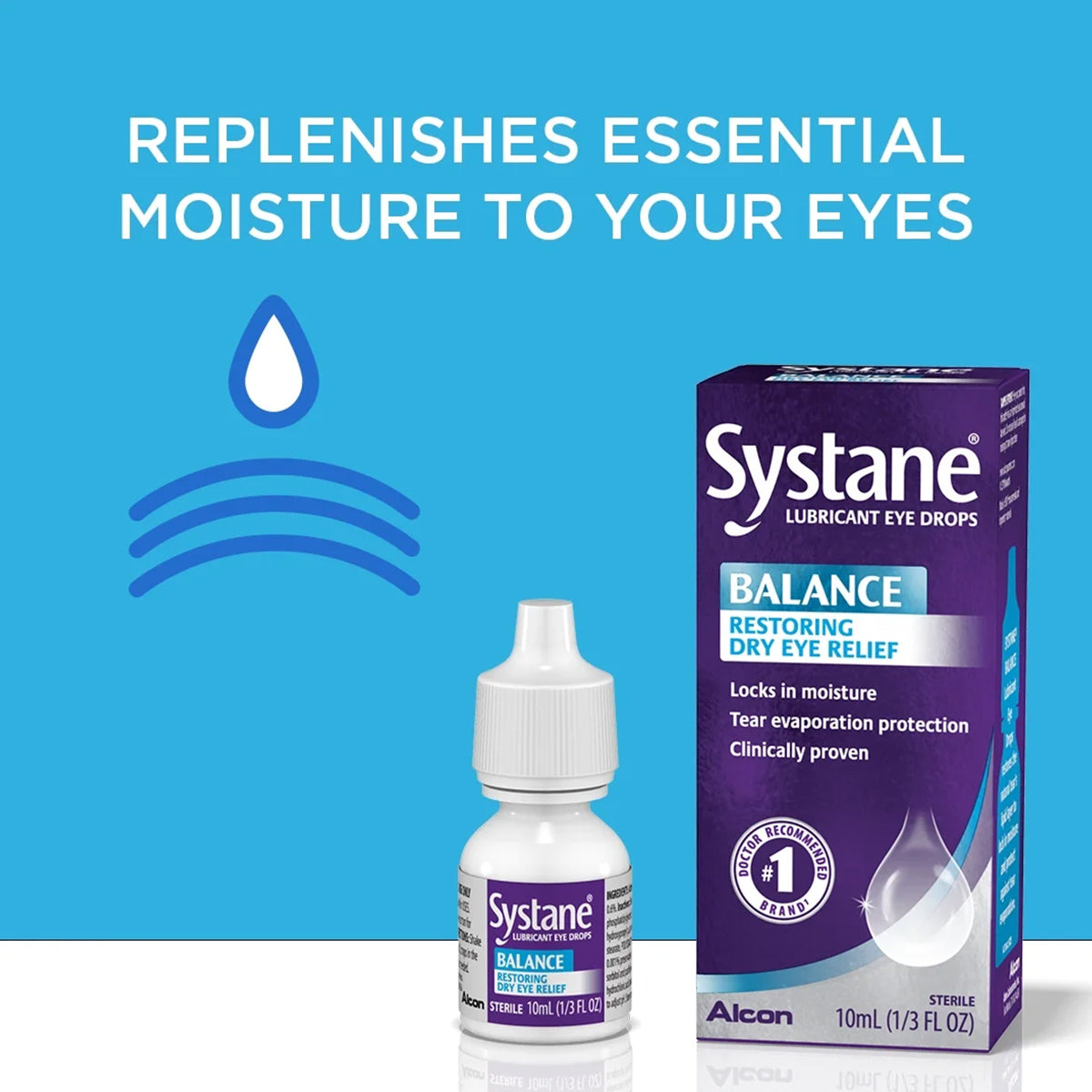 A blue backdrop features a box and bottle labeled Systane Balance 2-Pack Lubricant Eye Drops, MGD, Tear Evaporation Protection (2 Bottles) by Alcon. Above, text reads, Replenishes Essential Moisture to Your Eyes, alongside a drop icon.