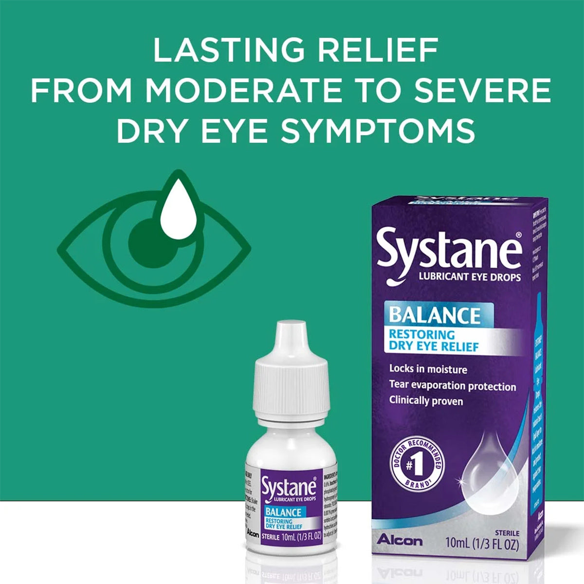 Image of Systane Balance 2-Pack Lubricant Eye Drops by Alcon, designed for lasting relief from moderate to severe dry eye symptoms, featuring teal eye icon with drop against a green background.