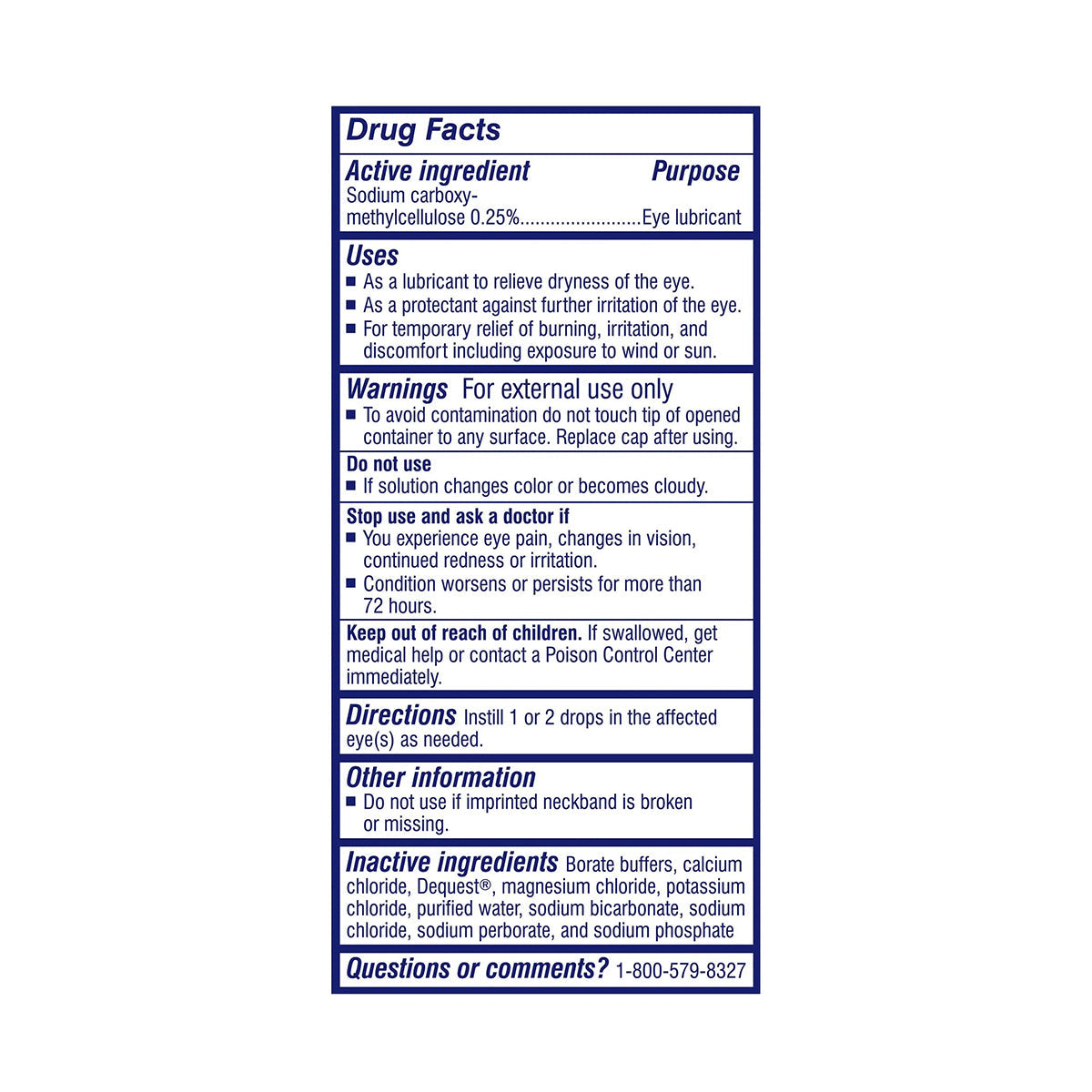 Image of a Thera Tears Eye Drops label, 1.0 Fl Oz, showing active ingredient, uses, warnings, directions, and other info. For questions or comments, call 1-800-579-8327.