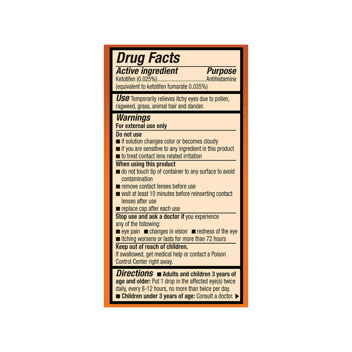 The image shows a drug facts label for Zaditor Eye Care Allergy Relief Eye Drops by Alcon, containing Ketotifen 0.025%, an antihistamine for prescription-strength relief from eye itch. It includes warnings, usage directions for all ages, and additional instructions.
