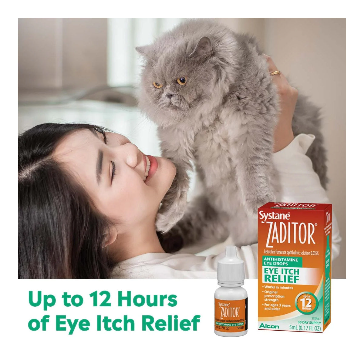 A woman smiles holding a fluffy grey cat with a box and bottle of Zaditor Eye Care Allergy Relief Eye Drops (5 ml) by Alcon beside them. The image text promises Up to 12 Hours of Eye Itch Relief.
