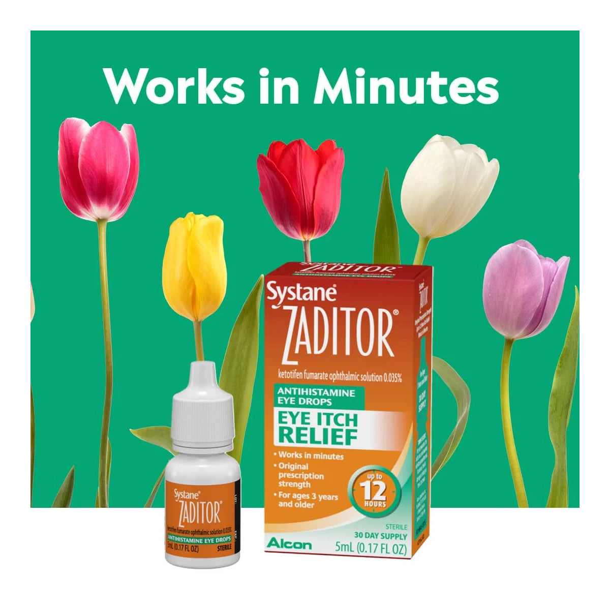 Image of Zaditor Eye Care Allergy Relief Eye Drops (5 ml bottle) by Alcon beside its packaging, set against colorful tulips with the text Works in Minutes. Provides prescription-strength relief for eye itch with a 30-day supply.