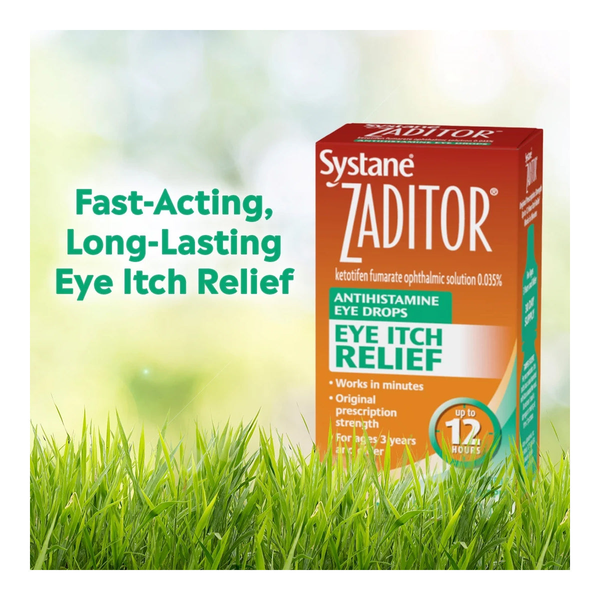 A box of Zaditor Eye Care Allergy Relief Eye Drops by Alcon sits on grass, labeled: Antihistamine Eye Drops for Fast-Acting, Long-Lasting Eye Itch Relief. It delivers original prescription strength, acts within minutes, and provides comfort for up to 12 hours.