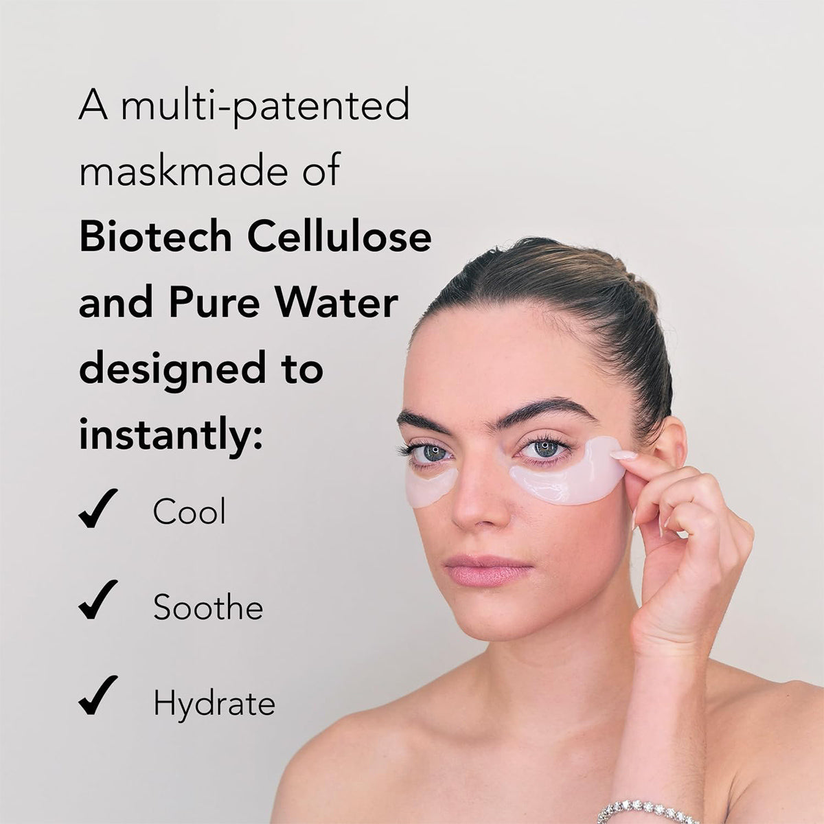 A person with tied-back hair uses a Velez Intense Hydration Under Eye Cellulose Cooling Mask. The text showcases: Multi-patented biotech cellulose tech and Pure Water for instant cooling, soothing, hydration, with three checkmarks.