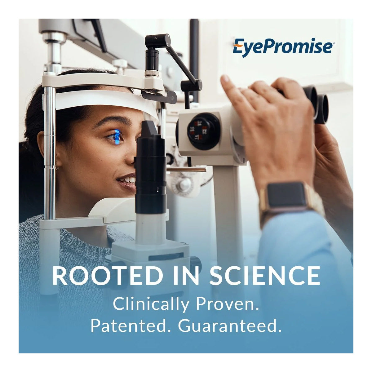 An optometrist assists a woman having an eye exam with EyePromise EZ Tears. Text reads, EyePromise. Clinically proven natural dry eye relief with Omega-3s, turmeric, and green tea extract. Rooted in science. Patented and guaranteed.
