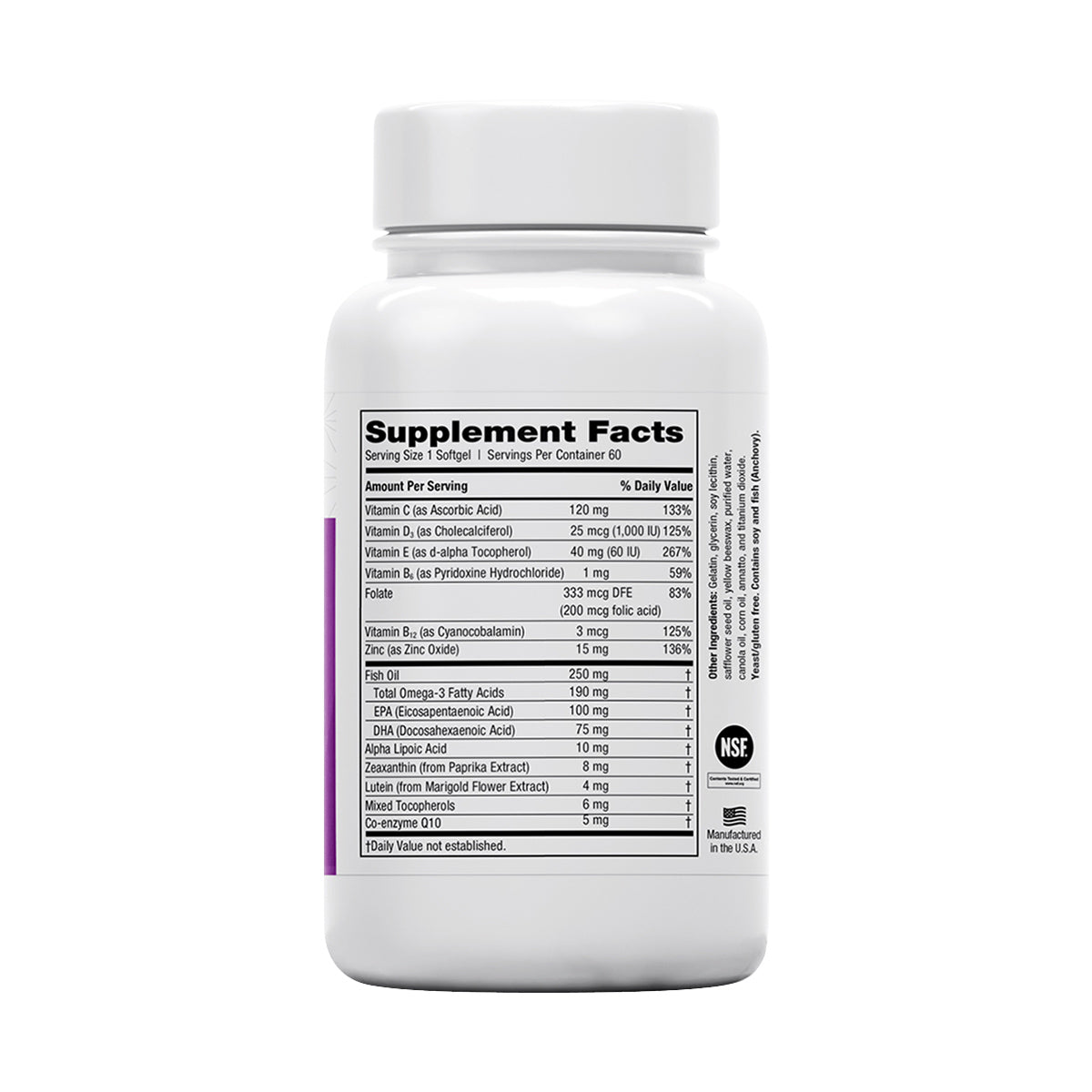 The EyePromise® Restore supplement, a white bottle with a black lid and NSF logo, offers 60 softgels (1 per serving). It features vitamins like C and E, Fish Oil, and zeaxanthin to enhance macular pigment for eye health.