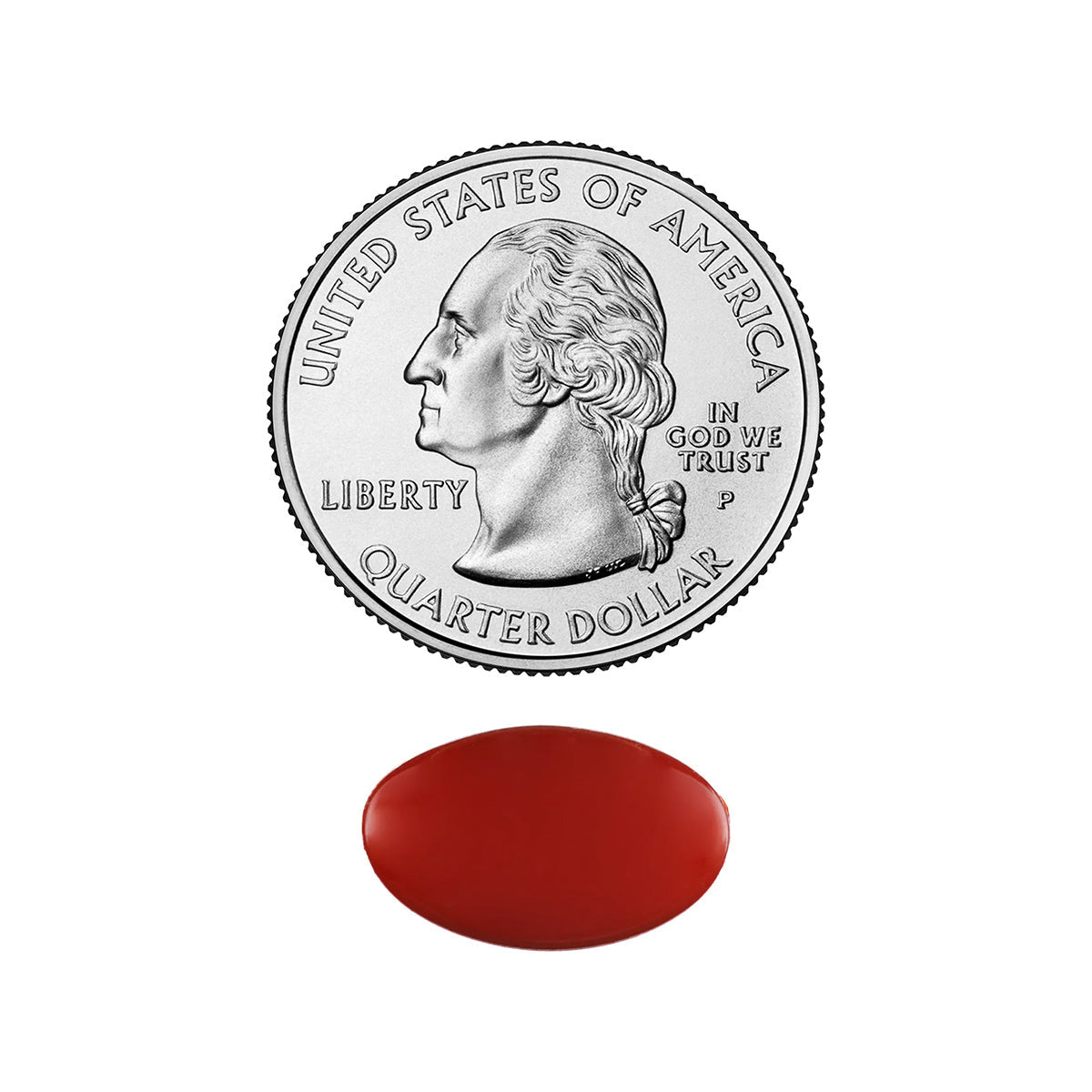 A U.S. quarter featuring George Washingtons profile is placed above a red, oval-shaped EyePromise® Restore capsule, a doctor-recommended eye health supplement rich in zeaxanthin, set against a plain white background.