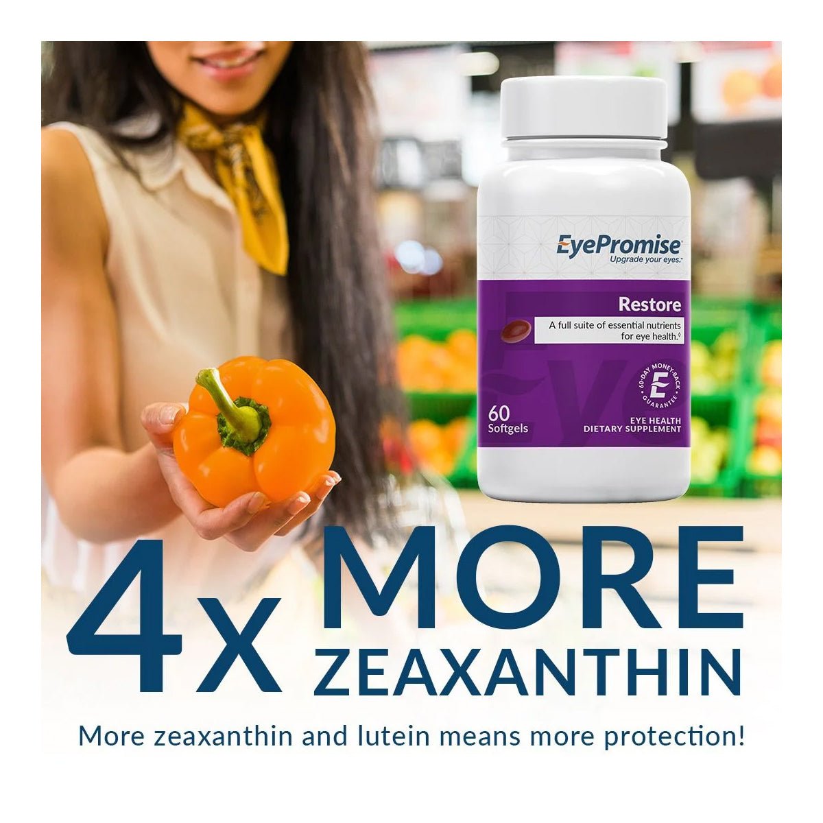 A woman holds an orange bell pepper and EyePromise® Restore supplements. Text reads: 4x More Zeaxanthin, emphasizing benefits for macular pigment density, enhanced eye protection with zeaxanthin and lutein in this doctor-recommended eye health supplement for aging eyes, night vision, and contrast sensitivity.