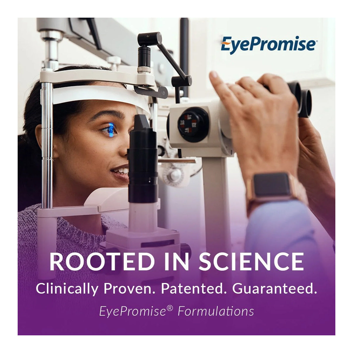 A woman undergoes an eye exam using medical equipment. Text: Rooted in Science. Clinically Proven. Patented. Boosts macular pigment density. EyePromise® Restore, enriched with zeaxanthin, offers unmatched eye health support for aging eyes and night vision. EyePromise logo at top right.