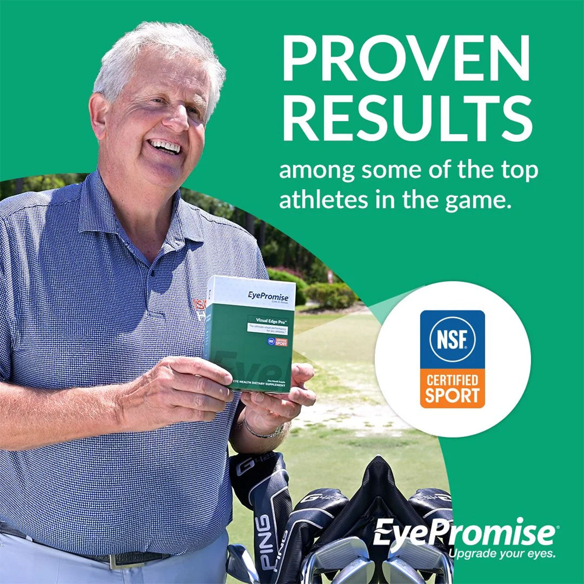 A man in a blue shirt holds a box of EyePromise Vizual Edge Chewable Eye Vitamin (30 Tablets), known for enhancing vision clarity and contrast sensitivity among top athletes. The NSF Certified Sport logo is visible, with golf clubs in the foreground.