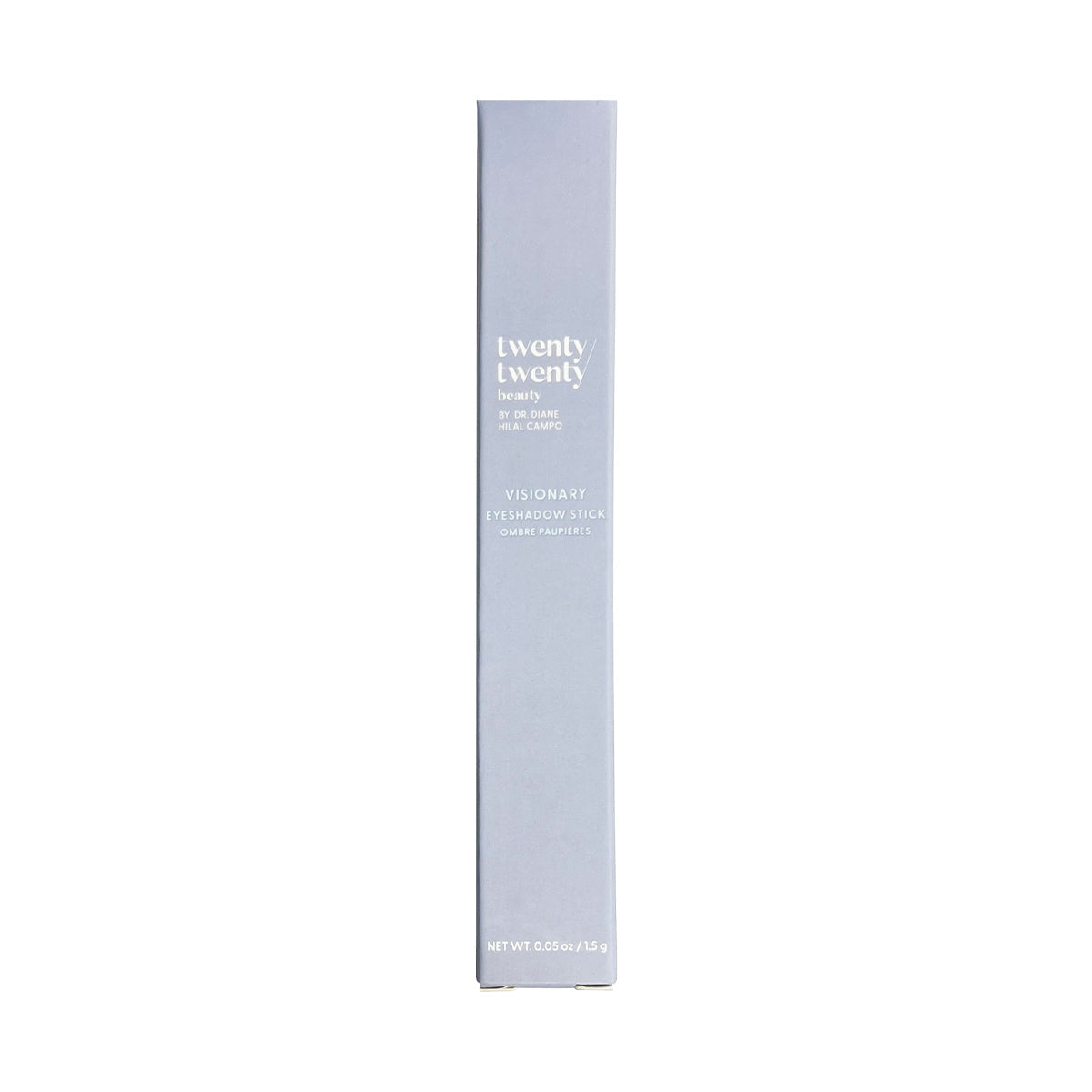 A pale lavender rectangular box labeled twenty/twenty in white text stands upright. Featuring the Quartz Purple shade, this minimalist Visionary Eye Shadow Stick by Twenty Twenty is designed for beauty even with dry eye disease.