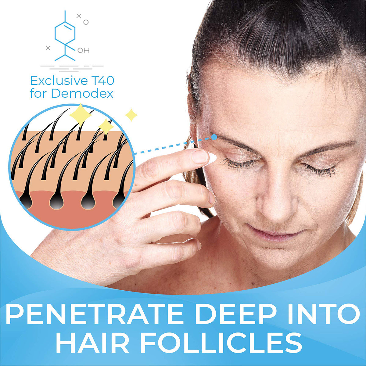 A woman applying cream on her eyebrow, illustrated with hair follicles. Text: Exclusive T40 for Demodex and Penetrate Deep into Hair Follicles. The Cliradex Light Foam by PRN, a tea tree oil extract cleanser, effectively promotes ocular hygiene as an eyelid wash.